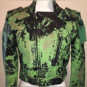 High Waist Motor Jacket Abstract Painted "Green Godess" Hand Painted w Tassel